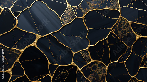 Black marble and agate mosaic with golden veins, Japanese kintsugi technique, fake painted artificial stone texture, marbled wallpaper