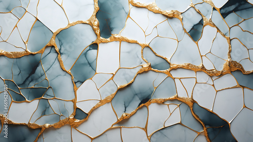 White marble and agate mosaic with golden veins, Japanese kintsugi technique, fake painted artificial stone texture, marbled wallpaper