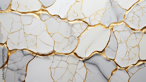 White marble and agate mosaic with golden veins, Japanese kintsugi technique, fake painted artificial stone texture, marbled wallpaper