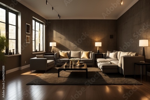 Interior design of modern apartment, living room with black stuco walls and dining room. AI Generated © DEER FLUFFY