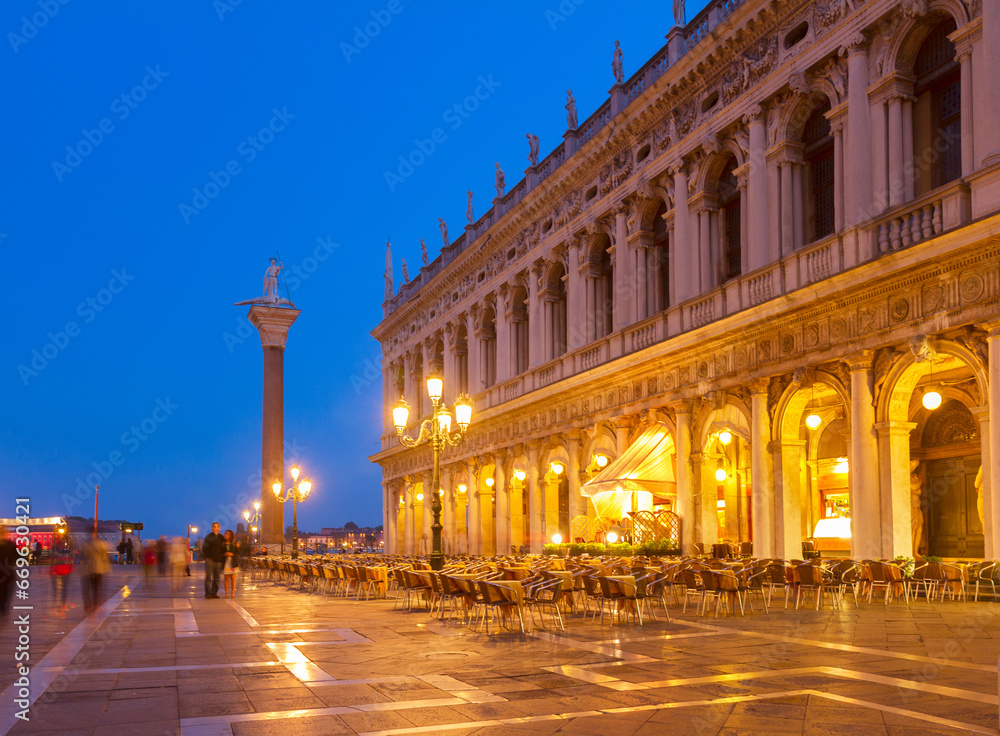 Square San Marco with street cafe at night, Venice, Italy