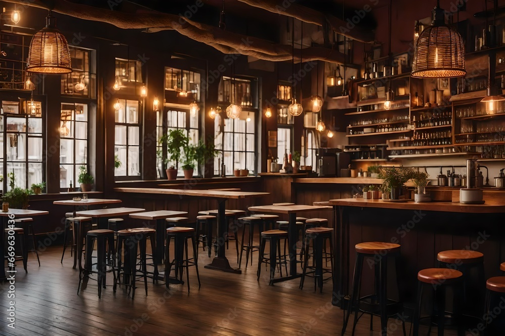 a cozy, vintage cafe interior with warm lighting and rustic furniture.
