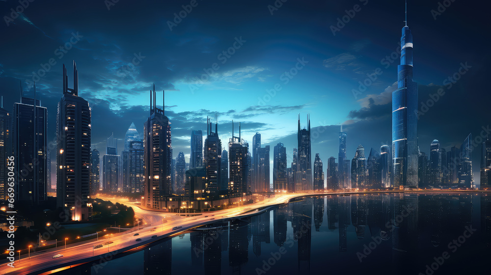 Fototapeta premium Futuristic city with neon lights.