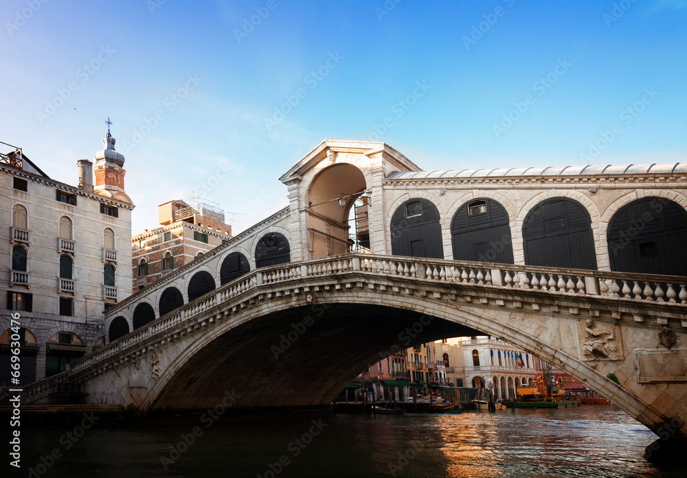 view of famouse Rialto bridge at summer day, Venice, Italy