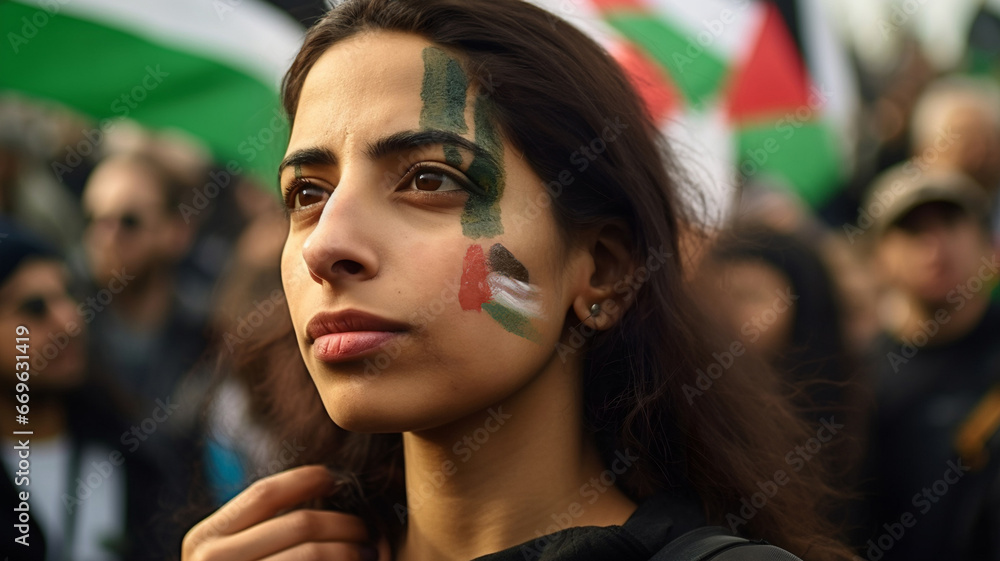 portrait of palestinian woman at a protest for peace and palestinian