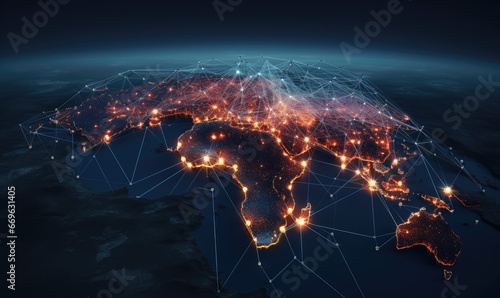 The world at night with illuminated cities and a network of lights