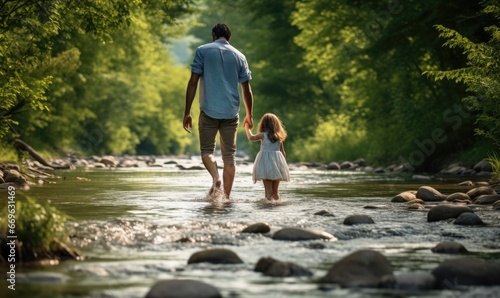 A man and a little girl walking through a river © uhdenis