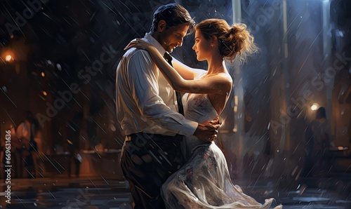 A couple dancing in the rain, captured in a vibrant and romantic painting