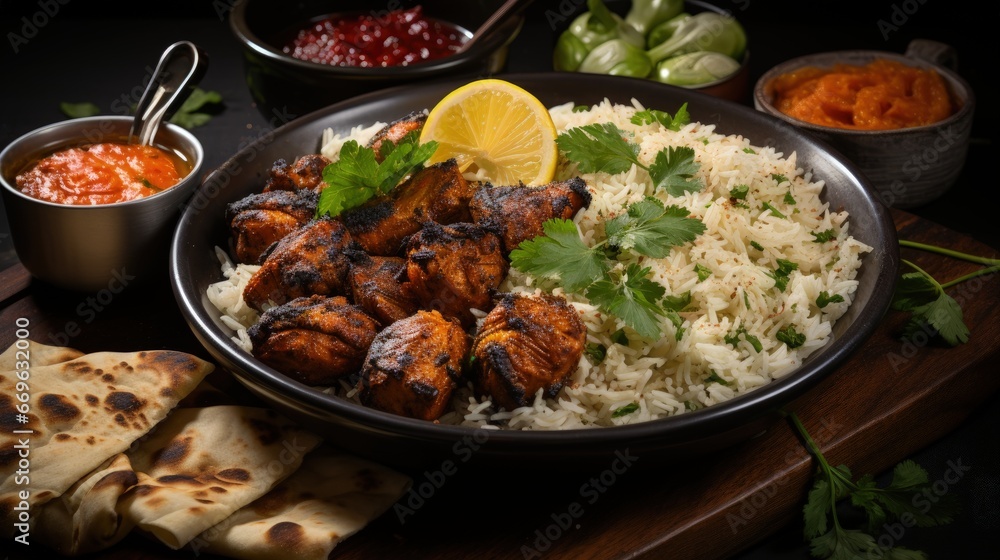 Indian Cuisine Tandoori Chicken with naan bread or jasmine rice Indian Cuisine Tandoori Chicken with naan bread or jasmine rice