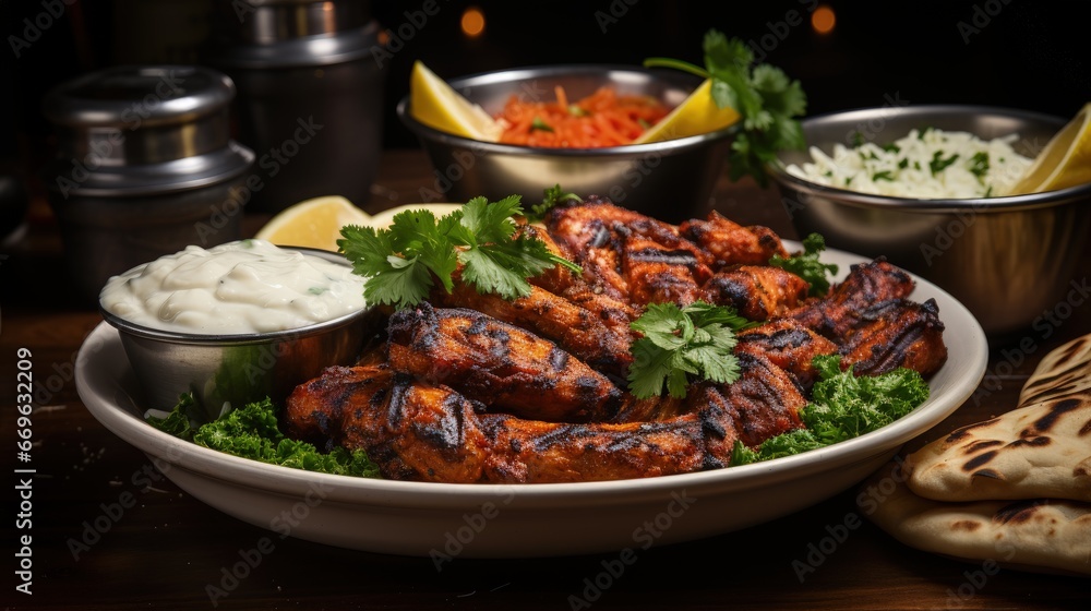 Indian Cuisine Tandoori Chicken with naan bread or jasmine rice Indian Cuisine Tandoori Chicken with naan bread or jasmine rice
