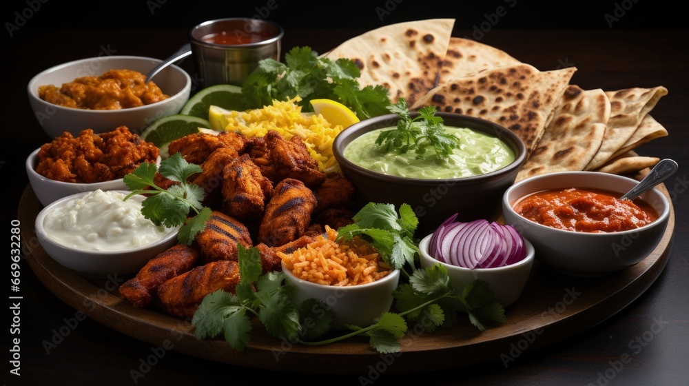 Indian Cuisine Tandoori Chicken with naan bread or jasmine rice Indian Cuisine Tandoori Chicken with naan bread or jasmine rice
