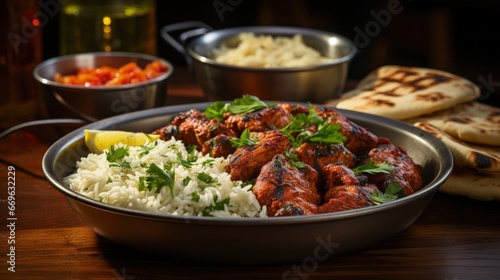 Indian Cuisine Tandoori Chicken with naan bread or jasmine rice