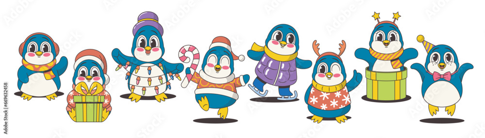 Fototapeta premium Holiday Christmas Retro Groove Style Penguins. Dapper Birds Bring Vintage Charm To Festive Celebrations