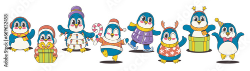 Holiday Christmas Retro Groove Style Penguins. Dapper Birds Bring Vintage Charm To Festive Celebrations