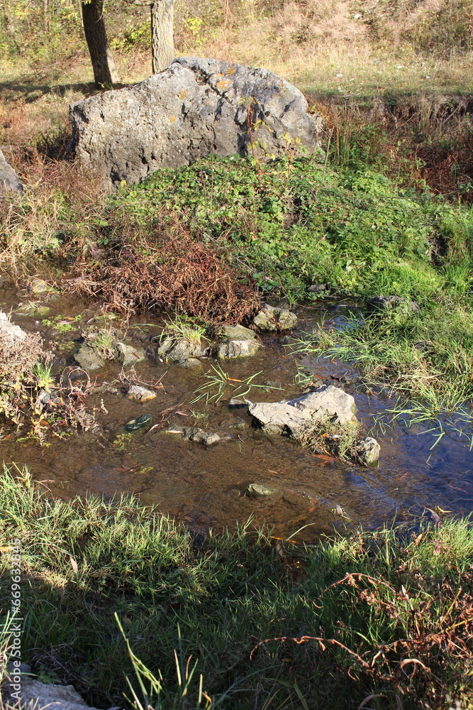 A stream with a rock in it A stream with a rock in it