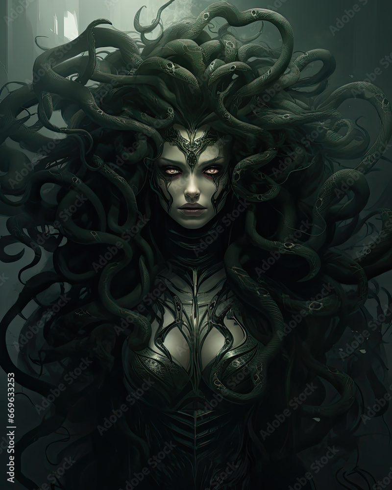 Medusa, a creature from Greek mythology and known for turning those who looked at her into stone. Medusa has snake hair. Medusa, a creature from Greek mythology and known for turning those who looked at her into stone. Medusa has snake hair.