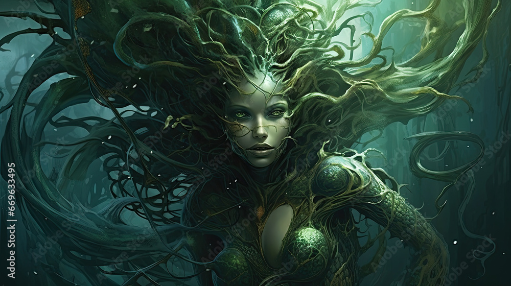 Medusa, a creature from Greek mythology and known for turning those who looked at her into stone. Medusa has snake hair. - obrazy, fototapety, plakaty 