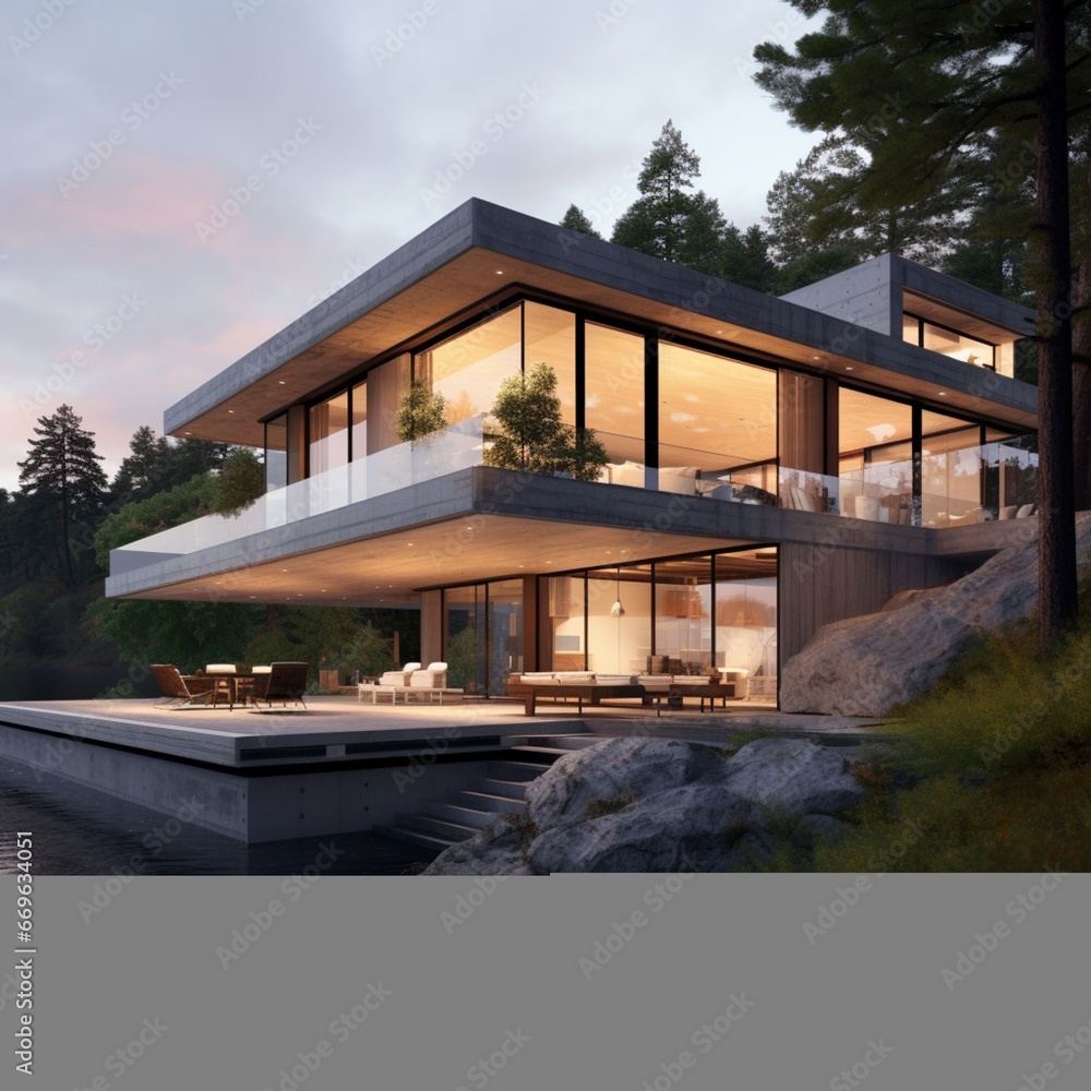Awesome design of modern concrete house in a beautiful nature scenery near lake at evening light