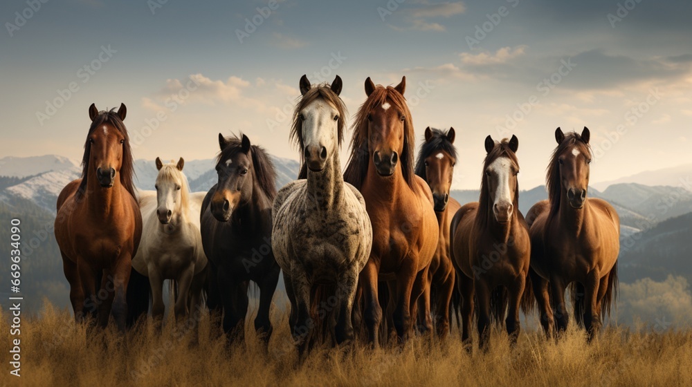 Herd of horses standing on meadow - obrazy, fototapety, plakaty 