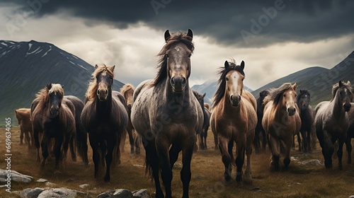 Herd of horses standing on meadow