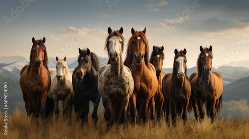 Wild Mustangs Band on Open Range Majestic Group of Diverse Horses Standing Together Against Mountainous Backdrop at Sunset - Untamed Beauty of Nature photo