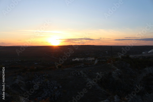 A city landscape at sunset