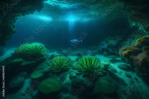 a mystical underwater grotto filled with bioluminescent creatures and otherworldly plants . © rao zabi