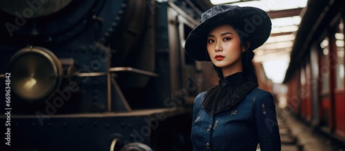 Fashion concept Asian lady photographed in front of old train bogies as a portrait on a street