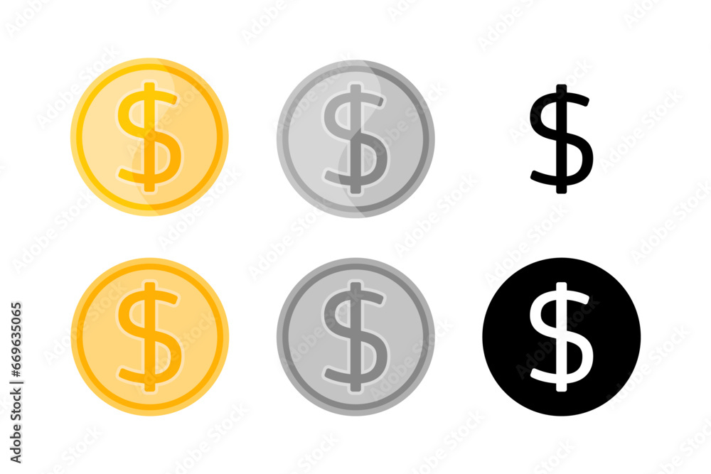 Dollar sign icons isolated. Vector set of golden, silver coins and monochrome black and white dollar symbol. Flat design elements Dollar sign icons isolated. Vector set of golden, silver coins and monochrome black and white dollar symbol. Flat design elements
