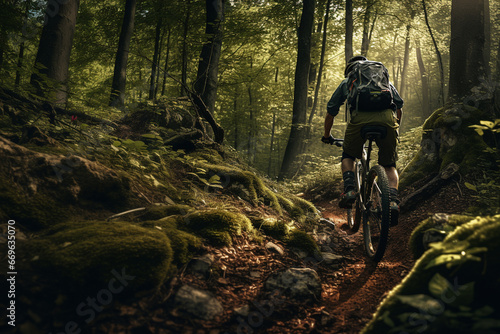 Back of man ride Mountain biking in the forest landscape, up and down hill, in summer season. © Peeradontax