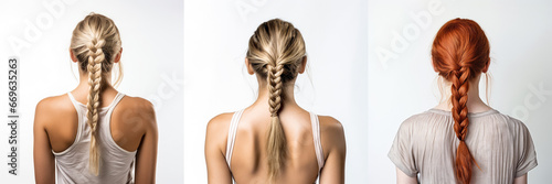 Braid ponytail haircut for woman with different hair colour. View from behind on white background. Generative AI