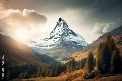 Majestic Matterhorn mountain in Pennine Alps, Switzerland. Generative AI photo