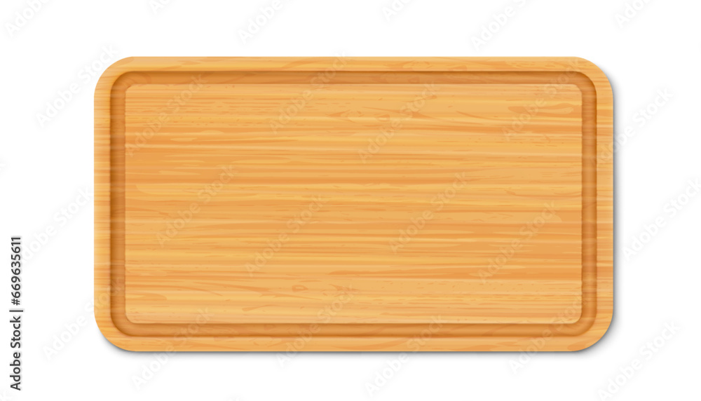 New rectangular wooden cutting board, top view, isolated on white background. Trays or plate of rectangular shapes, natural, eco-friendly kitchen utensils, realistic 3d vector illustration.