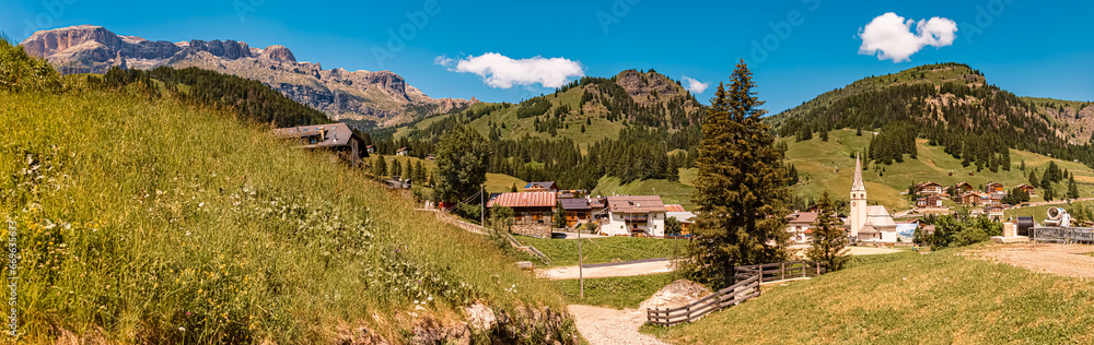 High resolution stitched alpine summer panorama near Arabba, Livinallongo del Col di Lana, Belluno, Veneto, Italy