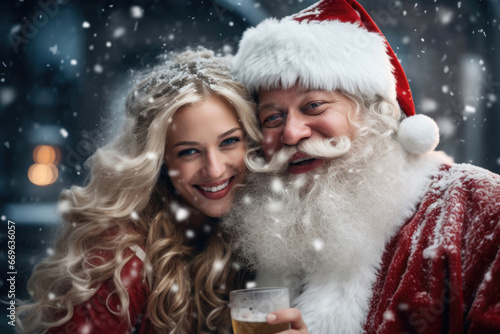 Portrait of a cheerful Snow Maiden and a Santa Claus on snowy background