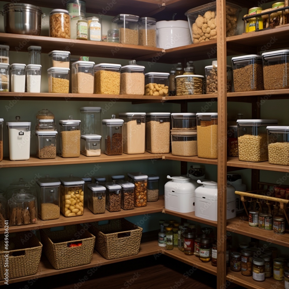 Organized Pantry Shelves Filled with Clear Labeled Containers and Baskets of Dry Goods and Cooking Essentials
