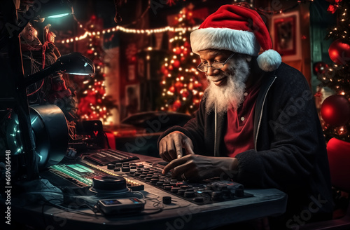 old man with a santa hat at the computer