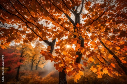 bundles of autumn trees with its small orange leaves hunging on the branches and some of them fallin on the ground luxarious view of sutumn trees  photo