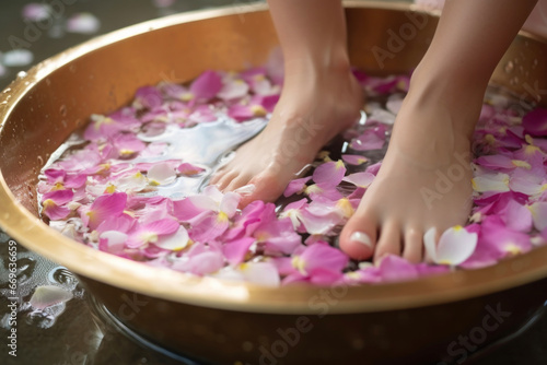 A gentle spa bath with flower petals to relax your feet
