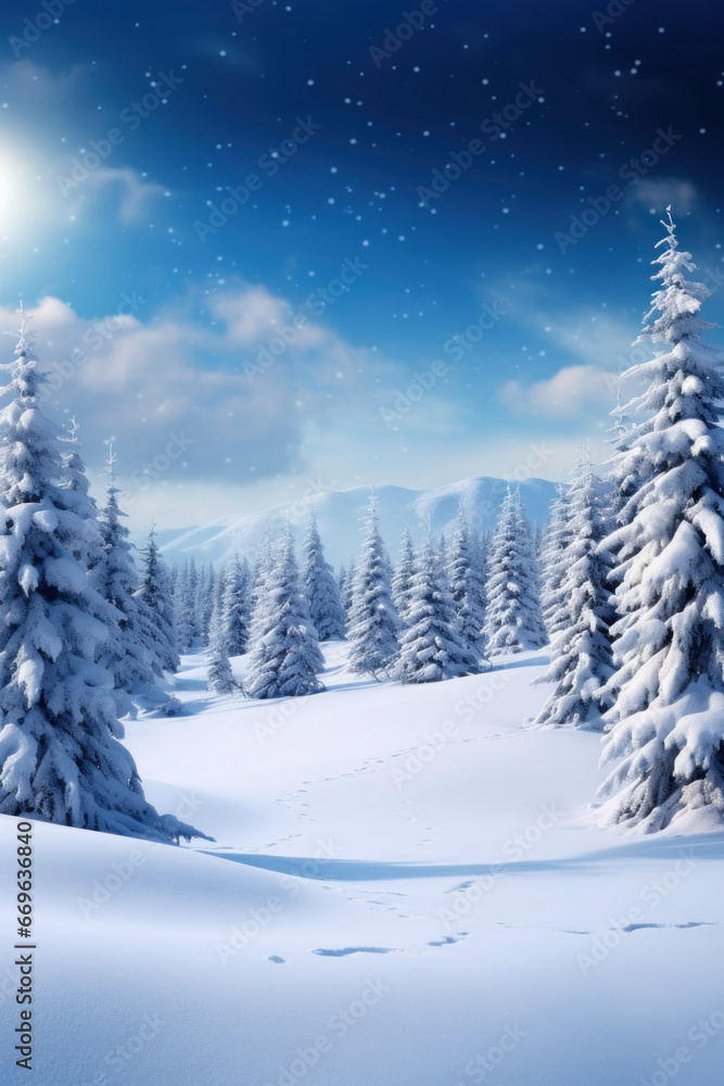Winter forest with frost and snowdrifts on a New Year's card Winter forest with frost and snowdrifts on a New Year's card