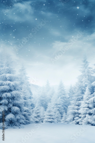 Winter forest with frost and snowdrifts on a New Year's card