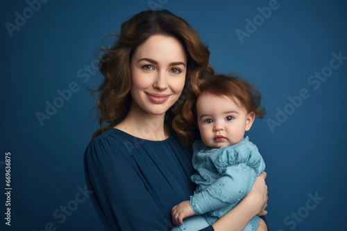 Mother lovingly hugs her son on blue background