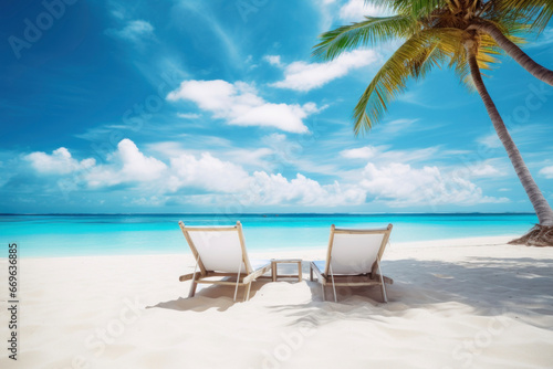 Two luxury sun loungers on a tropical white sand beach © Evgeniya Fedorova