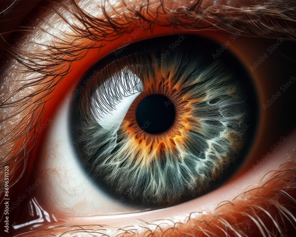 An AI illustration of a human eye with green iris close up showing the ...