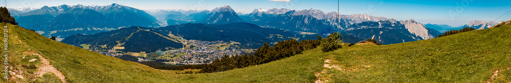 High resolution stitched alpine summer panorama at Mount Haermelekopf, Rosshuette, Seefeld, Tyrol, Austria