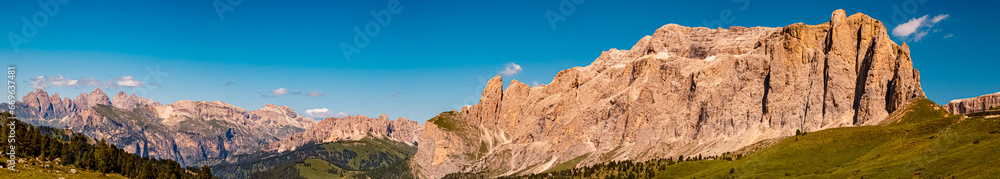 High resolution stitched alpine summer panorama seen from near Mount Langkofel, Sassolungo, Dolomites, South Tyrol, Italy High resolution stitched alpine summer panorama seen from near Mount Langkofel, Sassolungo, Dolomites, South Tyrol, Italy