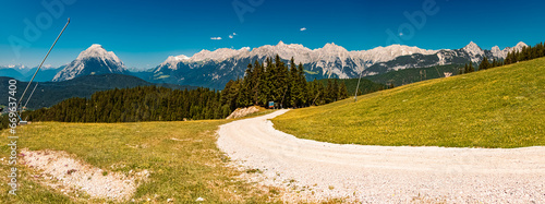 High resolution stitched alpine summer panorama at Mount Seefelder Joch, Rosshuette, Seefeld, Tyrol, Austria