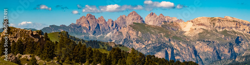 High resolution stitched alpine summer panorama seen from near Mount Langkofel, Sassolungo, Dolomites, South Tyrol, Italy