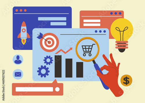 Data analytics. Creative idea market. Startup rocket. See with magnifier. Browser frames. Abstract dashboard for financial analysis. Finance diagram. Business target. Vector illustration tidy collage