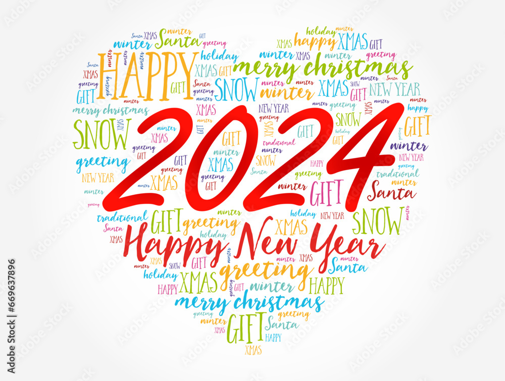 2024 Happy New Year Heart word cloud collage, holiday background 2024 Happy New Year Heart word cloud collage, holiday background
